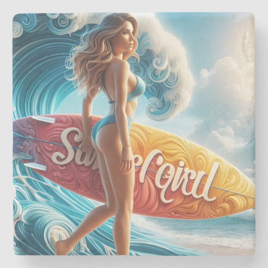 Confident Surfer Girl Walking Beach Waves Art Stenen Onderzetter (Voorkant)
