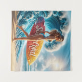 Confident Surfer Girl Walking Beach Waves Art Wandkleed (Voorkant (horizontaal))