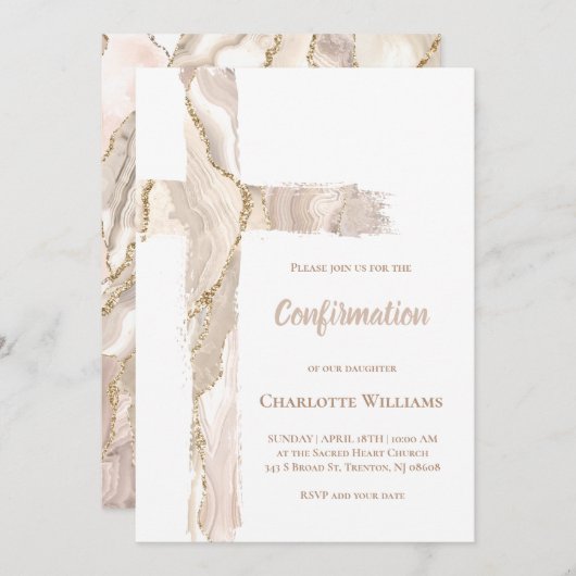 Confirmation beige pink agate Holy Cross Kaart (Voorkant / Achterkant)