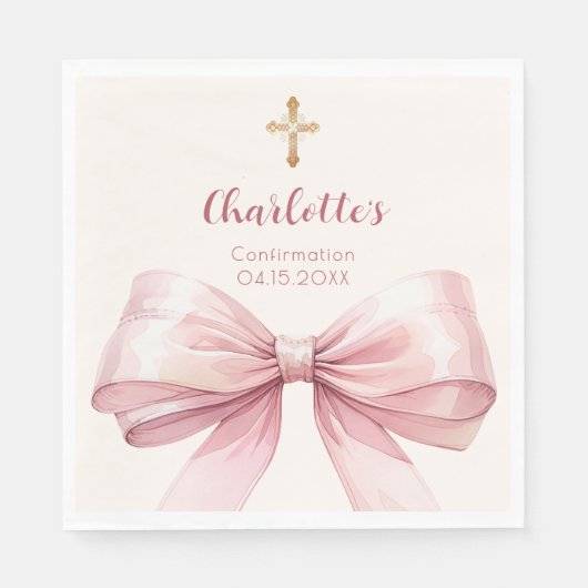 Confirmation blush pink bow cream cross luncheon servet (Voorkant)