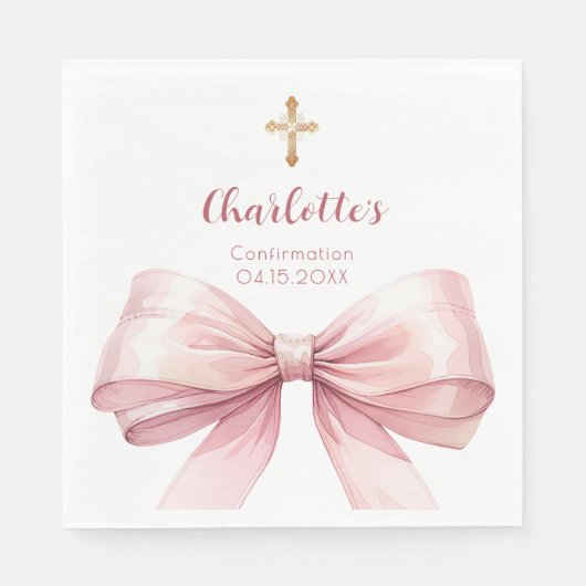Confirmation blush pink bow cross luncheon servet (Voorkant)