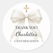Confirmation bow ivory pearls cross thank you ronde sticker (Voorkant)