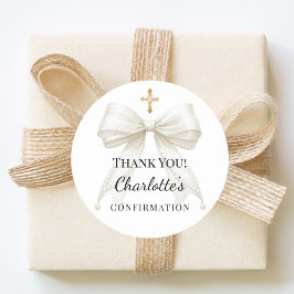 Confirmation bow ivory pearls cross thank you ronde sticker