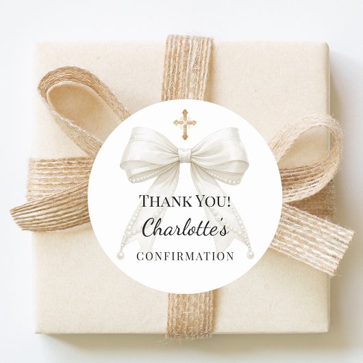 Confirmation bow ivory pearls cross thank you ronde sticker