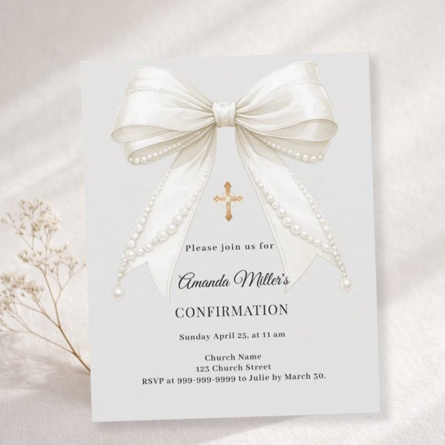 Confirmation bow ivory pearls girl gray invitation (Creator heeft geüpload)