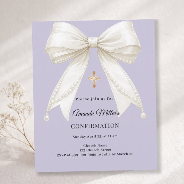 Confirmation bow ivory pearls lavender invitation (Creator heeft geüpload)