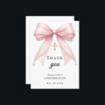 Confirmation bow pink pearls gold cross bedankkaart<br><div class="desc">A modern and elegant Confirmation thank you card.  A white background,  decorated with a large pink colored bow with pearls and a golden cross.  On the front the text: Thank You,  name,  and a date. 
Back: Template for Your thank you note and name.</div>