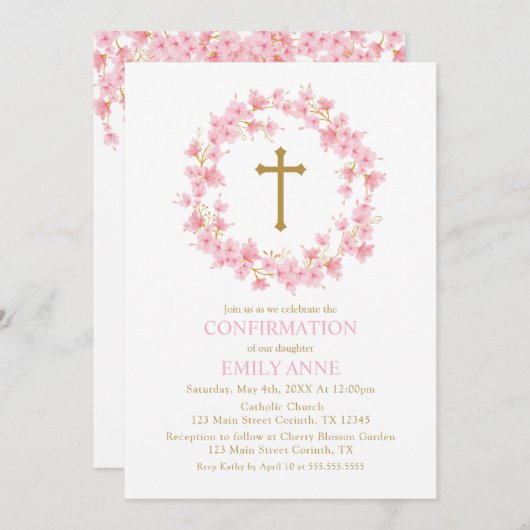 Confirmation Cherry Blossom floral Invitation  Kaart (Voorkant / Achterkant)