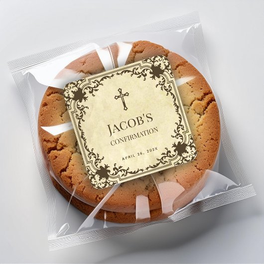 Confirmation Elegant Vintage Antique Parchment Vierkante Sticker