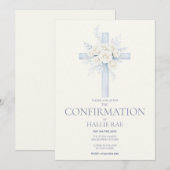 Confirmation for her, Modern Blue Floral Cross Kaart (Voorkant / Achterkant)