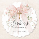Confirmation Girl Pink Bow Roses Custom Kartonnen Onderzetters<br><div class="desc">Beautiful blush pink bow with roses decorates this elegant Confirmation round paper coaster with a scalloped edge</div>