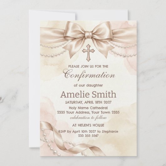 Confirmation Invitation with Beige Bow and Pearls Kaart (Voorkant)