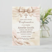 Confirmation Invitation with Beige Bow and Pearls Kaart (Staand voorkant)