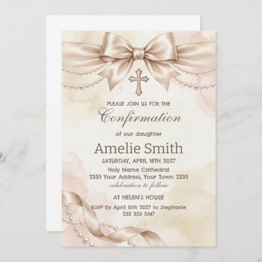 Confirmation Invitation with Beige Bow and Pearls Kaart (Voorkant / Achterkant)