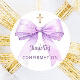 Confirmation lavender bow girl cross ronde sticker