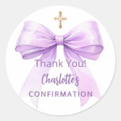 Confirmation lavender bow girl cross thank you ronde sticker (Voorkant)