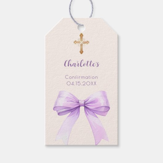 Confirmation lavender bow ivory cross girl DIY Cadeaulabel (Voorkant)