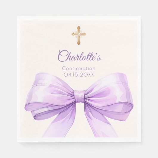 Confirmation lavender bow ivory cross luncheon servet (Voorkant)