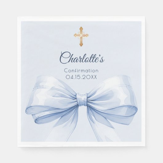 Confirmation light blue bow cross girl luncheon servet (Voorkant)
