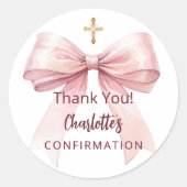 Confirmation pink bow girl cross thank you ronde sticker (Voorkant)