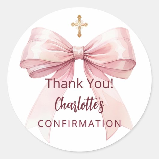 Confirmation pink bow girl cross thank you ronde sticker (Voorkant)