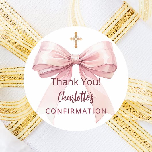 Confirmation pink bow girl cross thank you ronde sticker