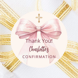 Confirmation pink bow girl ivory cross thank you ronde sticker