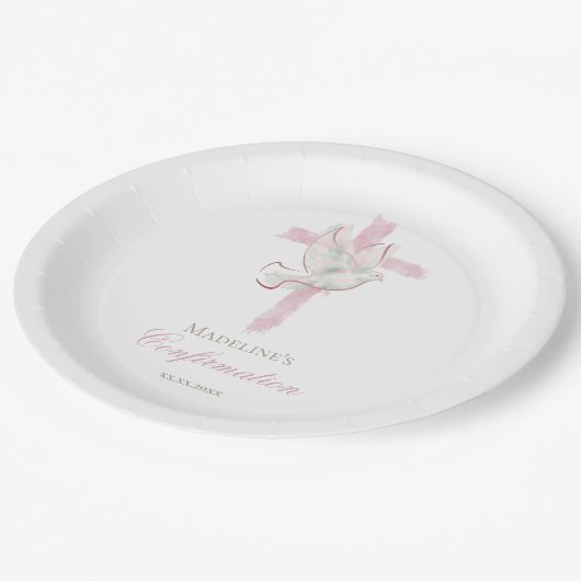 Confirmation pink cross papieren bordje (Gekanteld)