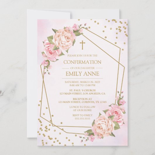 Confirmation Pink Floral Invitation Kaart (Voorkant)
