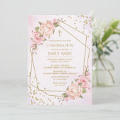 Confirmation Pink Floral Invitation Kaart (Staand voorkant)