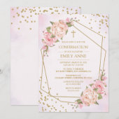 Confirmation Pink Floral Invitation Kaart (Voorkant / Achterkant)