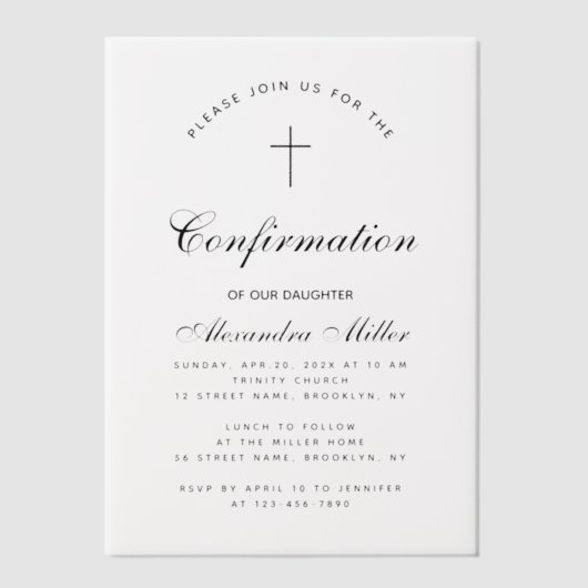 Confirmation Simple Calligraphy Script Transparent Vellum Uitnodigingen (Voorkant)