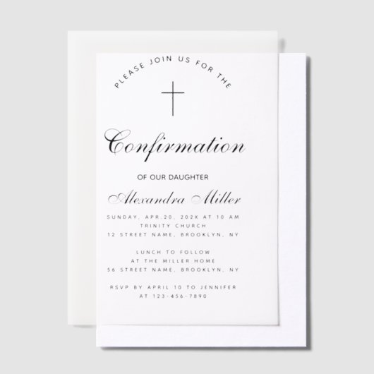 Confirmation Simple Calligraphy Script Transparent Vellum Uitnodigingen (Offset)