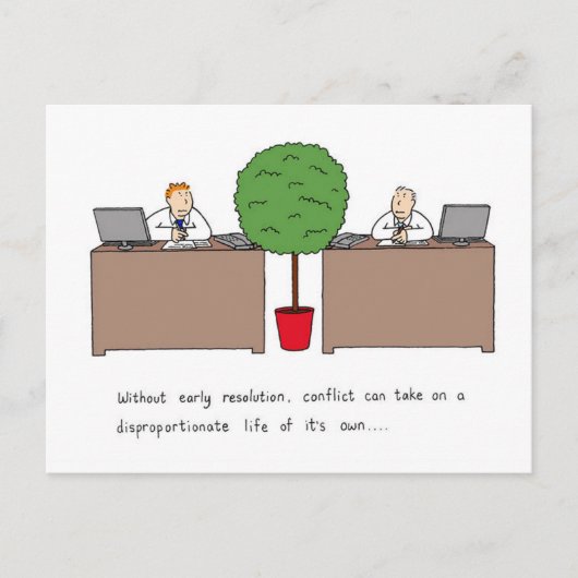 Conflictoplossing op de werkplek, Cartoon. Briefkaart (Voorkant)