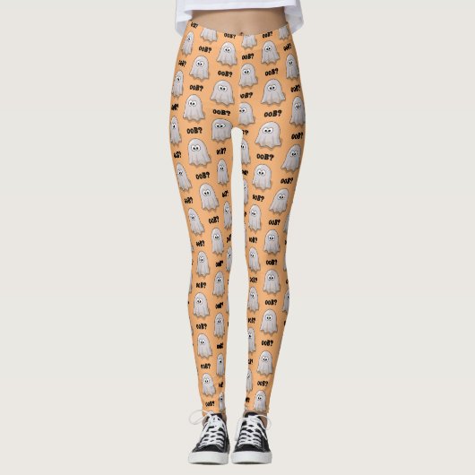 Confused Ghost Says "Oob?" Funny Halloween Cartoon Leggings (Voorkant)