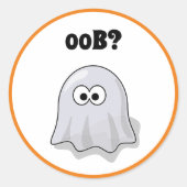 Confused Ghost Says "Oob?" Funny Halloween Cartoon Ronde Sticker (Voorkant)