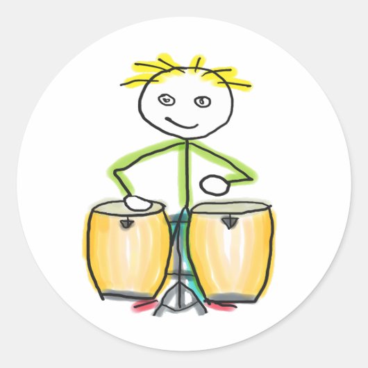Conga spelende Stickman Ronde Sticker (Voorkant)