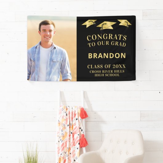 CONGRATS AFSTUDEERDER Pet Toss Foto Zwart Goud Spandoek (Insitu)