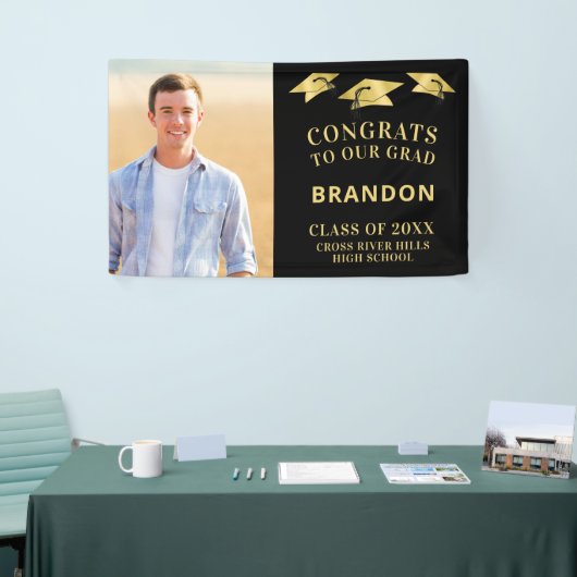 CONGRATS AFSTUDEERDER Pet Toss Foto Zwart Goud Spandoek (Beurs)