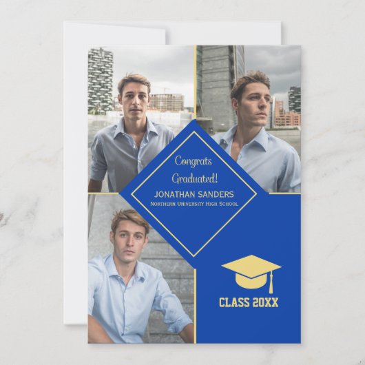 Congrats Graduated Collage 3 Photos Blue Aankondiging (Voorkant)