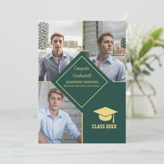 Congrats Graduated Collage 3 Photos for Him Green Aankondiging (Staand voorkant)