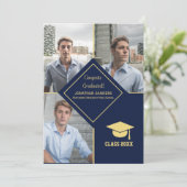 Congrats Graduated Collage 3 Photos for Him Navy Aankondiging (Staand voorkant)