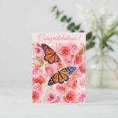 Congrats Roze Waterverf Rozen en Vlinders Briefkaart (Staand voorkant)