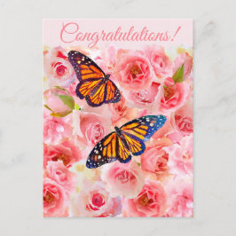 Congrats Roze Waterverf Rozen en Vlinders Briefkaart