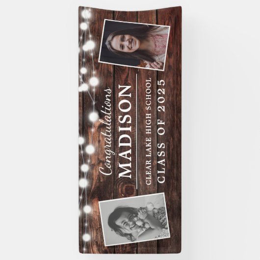 Congrats Rustic Wood String Lights Afstudeerder 2  Spandoek (Verticaal)