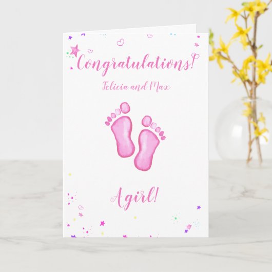 Congratulations a baby girl customizable names kaart (Gele Bloem)