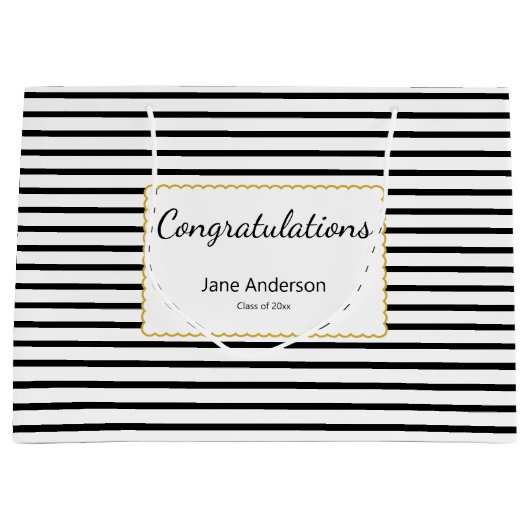 Congratulations Grad's Name Black & White Stripes Groot Cadeauzakje (Voorkant)