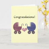 Congratulations Twins, with Blue and Red Pram Art Kaart (Gele Bloem)