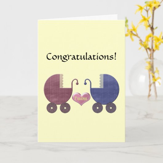 Congratulations Twins, with Blue and Red Pram Art Kaart (Gele Bloem)