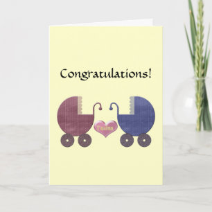 Congratulations Twins, with Blue and Red Pram Art Kaart